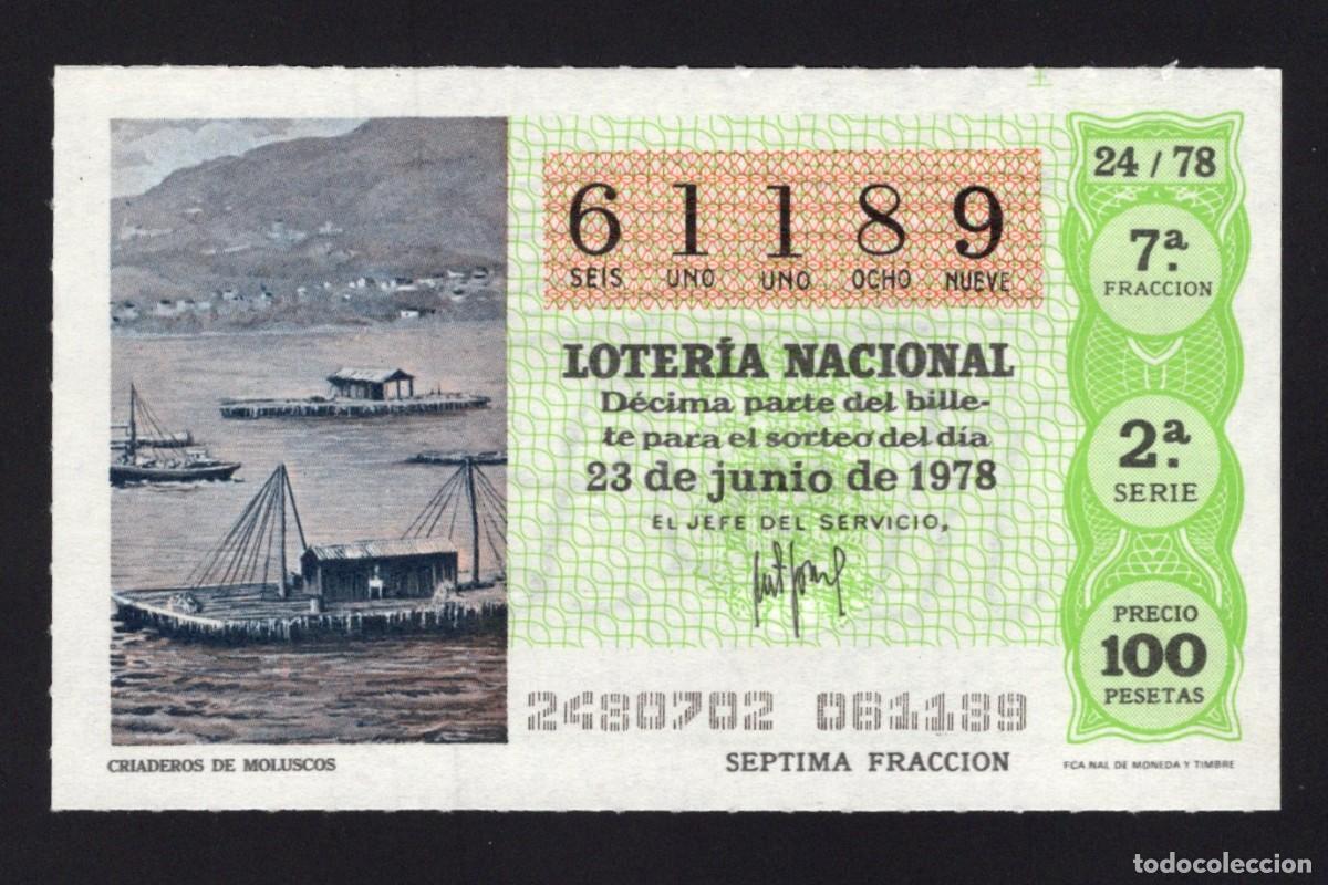 National Spanish Lottery: L. Nacional 23 Junio 1978. Criaderos Moluscos. N&ordm; 61189. Adm&oacute;n 98. Madrid.