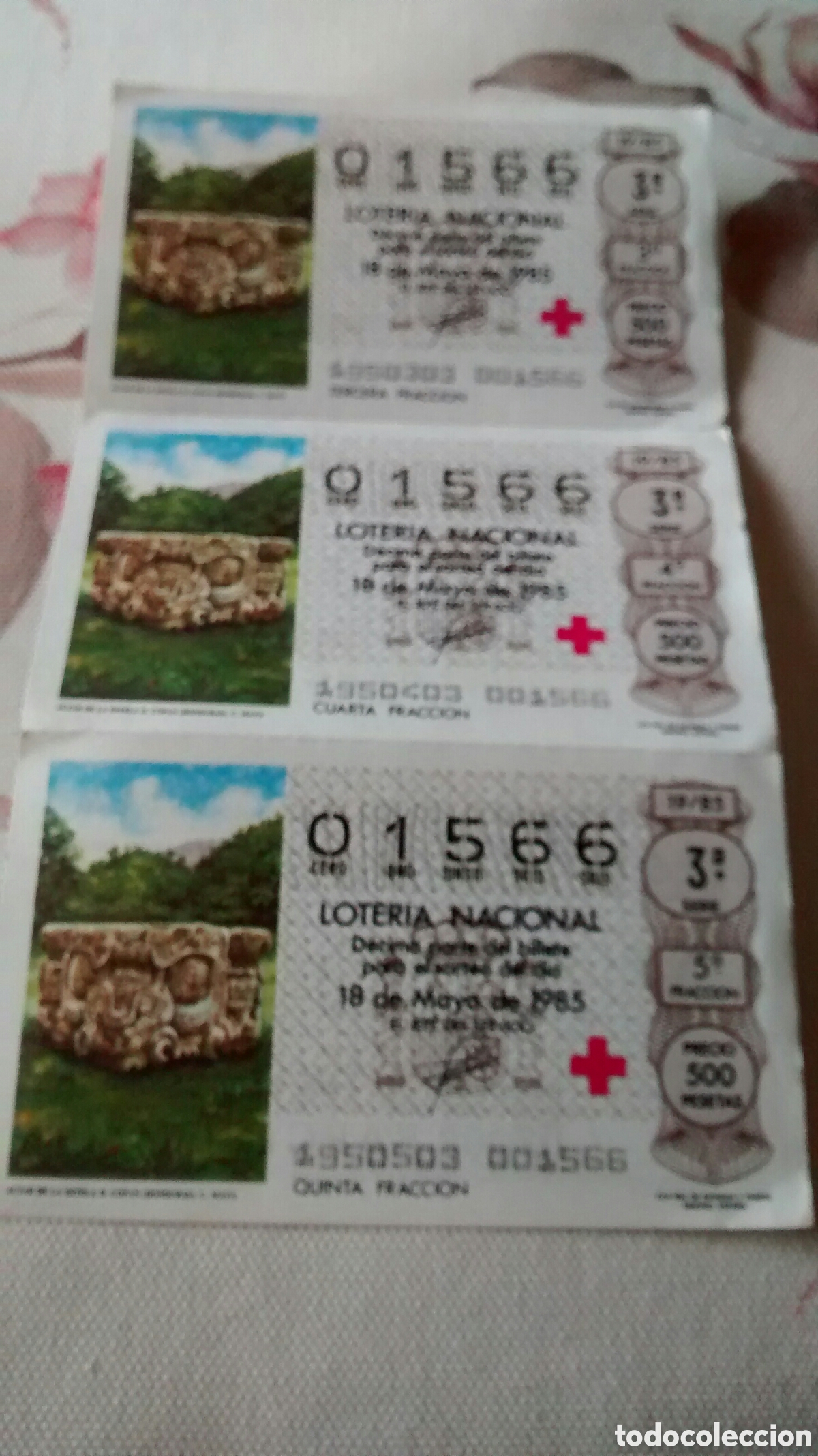 National Spanish Lottery: 3 DECIMOS DE LA LOTERIA NACIONAL. SORTEO 18 MAYO 1985 19/85 ALTAR DE LA ESTELA DE COPAN.