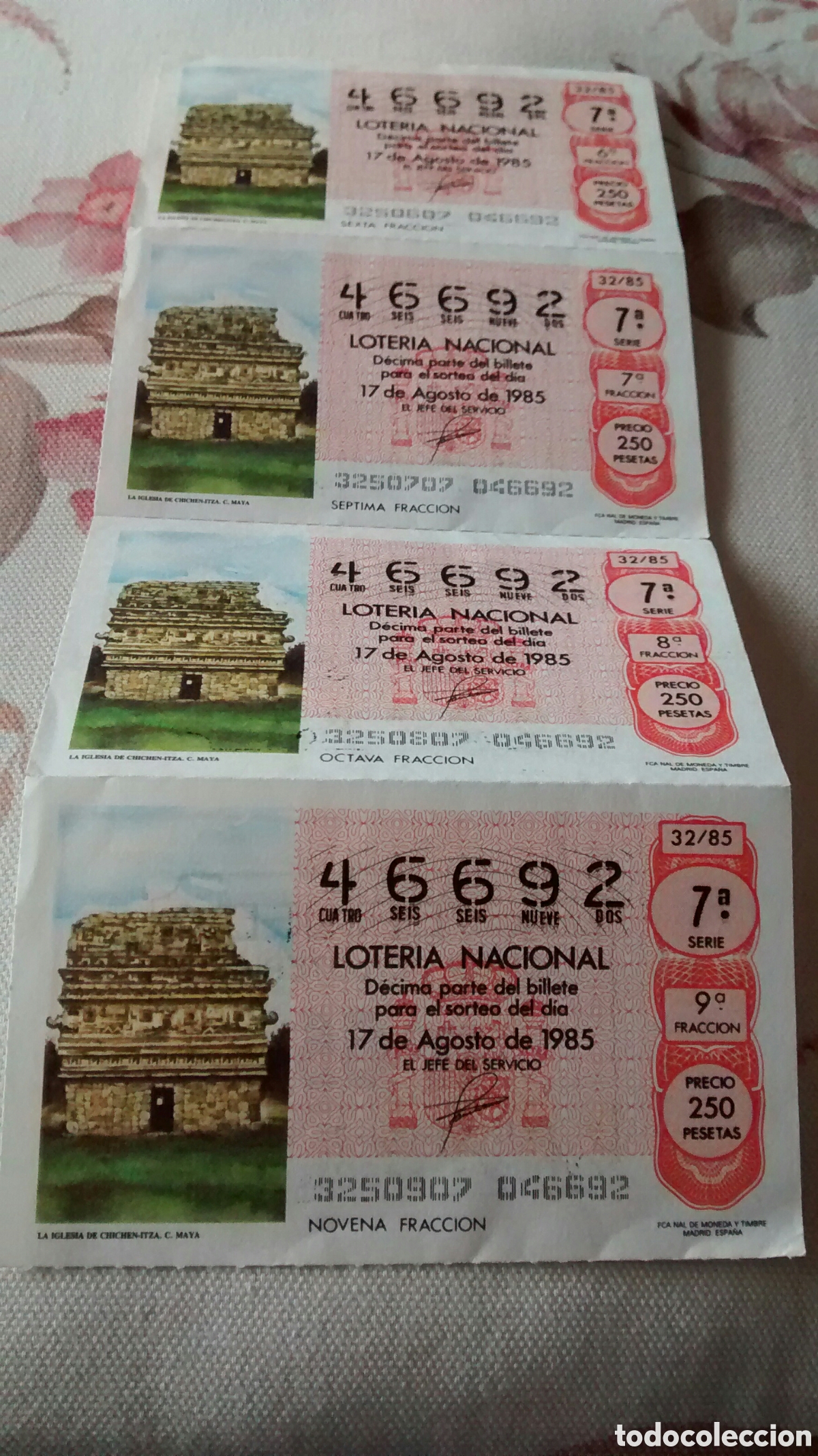 National Spanish Lottery: 4 DECIMOS DE LA LOTERIA NACIONAL. SORTEO 17 AGOSTO 1985 32/85 IGLESIA DE CHICEN ITZA. MAYA.