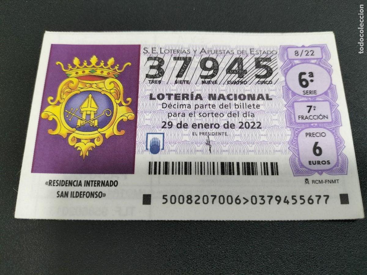 Loterie Nationale: 1 DECIMO LOTERIA SABADO 29 ENERO 2022 - 8/22 - RESIDENCIA INTERNADO NI&Ntilde;OS DE SAN ILDEFONSO