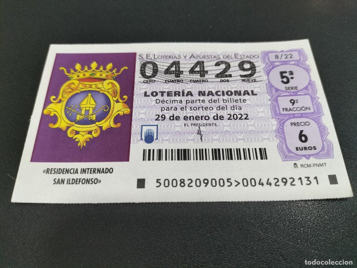Loterie Nationale: 1 DECIMO LOTERIA SABADO 29 ENERO 2022 - 8/22 - RESIDENCIA INTERNADO NI&Ntilde;OS DE SAN ILDEFONSO