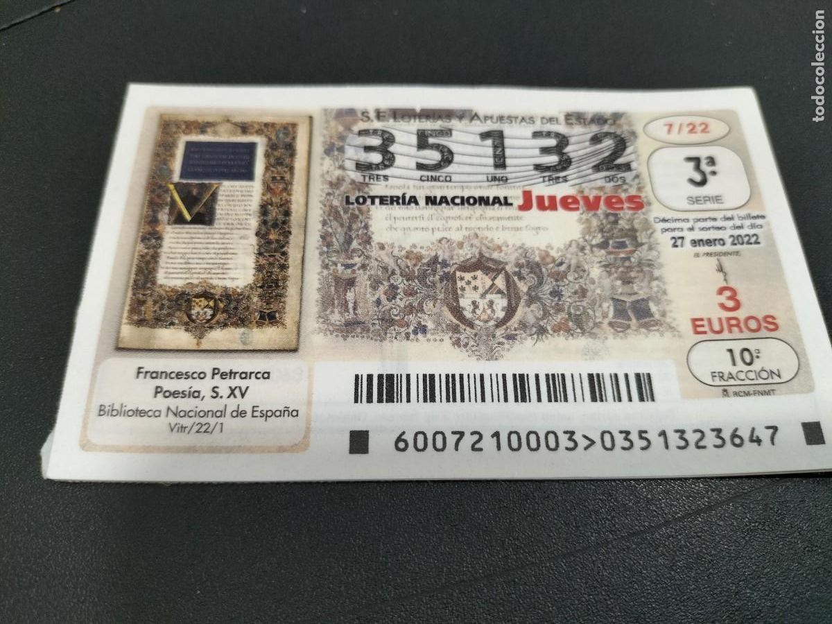 Nationale spanische Lotterie: 1 DECIMO LOTERIA JUEVES 27 ENERO 2022 - 7/22 FRANCESCO PETRARCA - POESIA