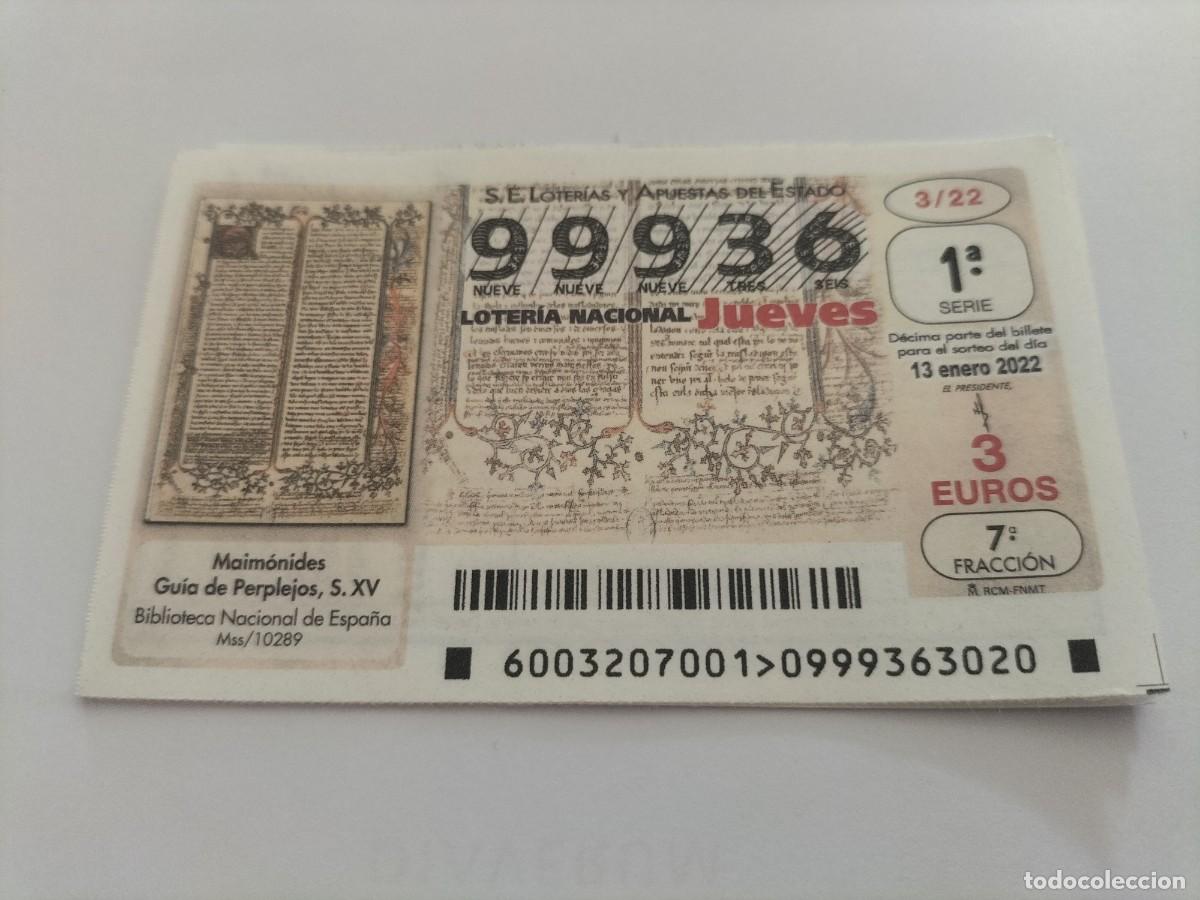 Nationale spanische Lotterie: 1 DECIMO LOTERIA JUEVES 13 ENERO 2022 - 3/22 - MAIMONIDES GUIA DE PERPLEJOS - BIBLIOTECA NACIONAL