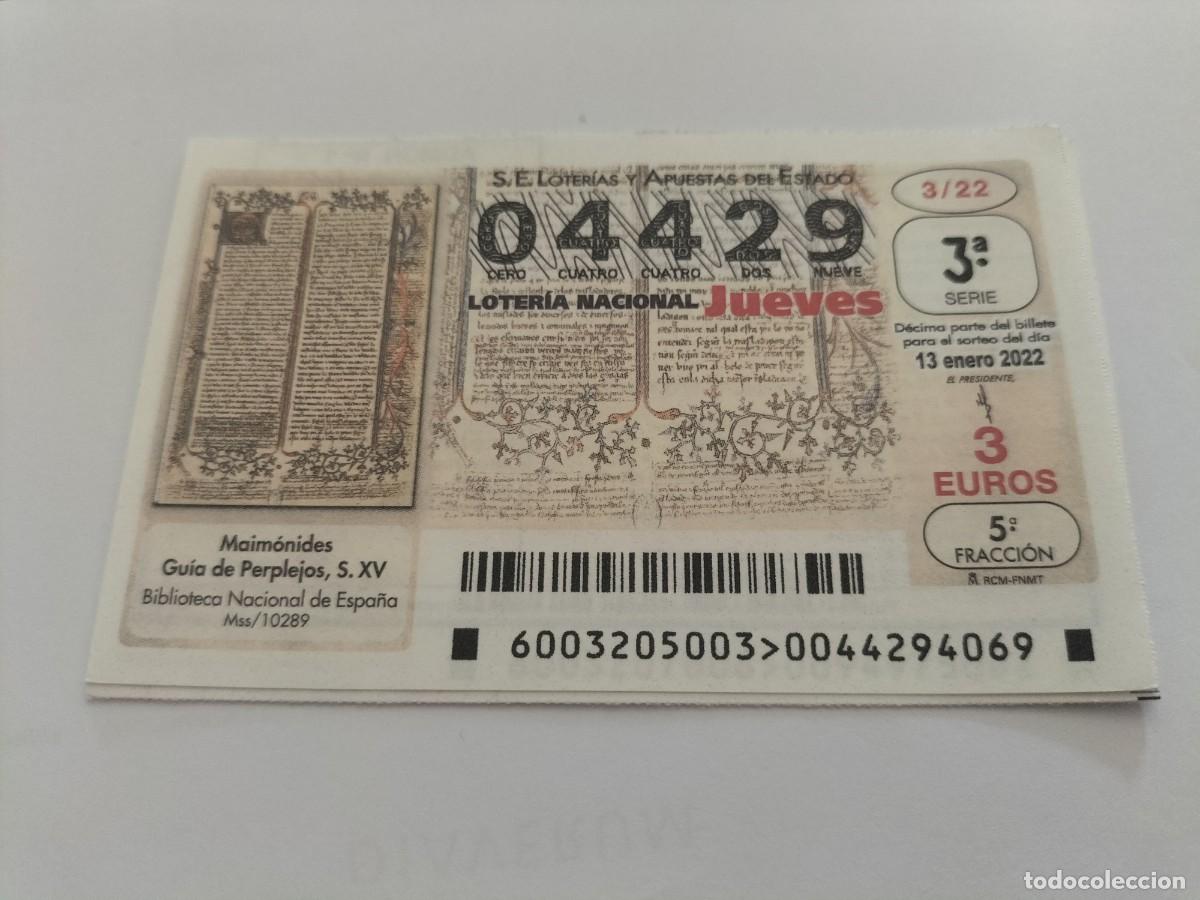 Nationale spanische Lotterie: 1 DECIMO LOTERIA JUEVES 13 ENERO 2022 - 3/22 - MAIMONIDES GUIA DE PERPLEJOS - BIBLIOTECA NACIONAL