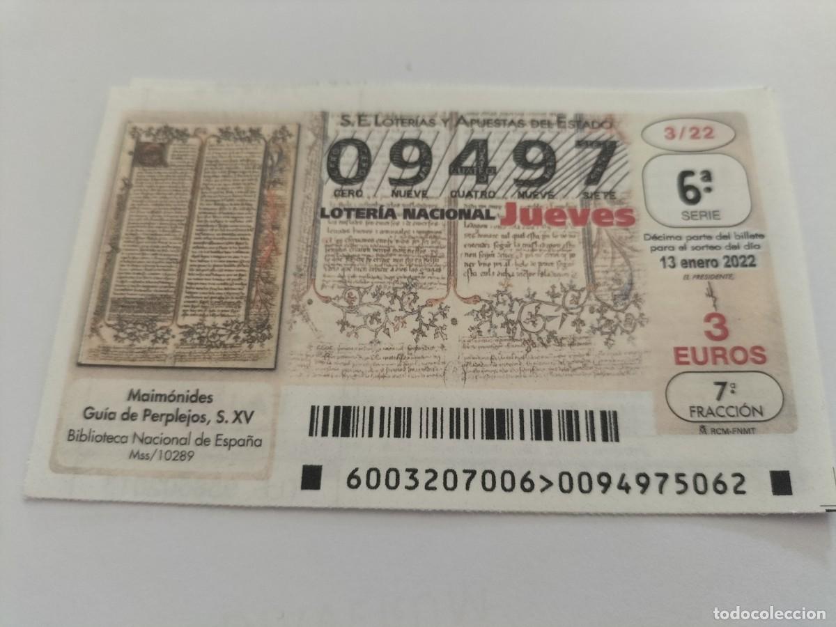 Nationale spanische Lotterie: 1 DECIMO LOTERIA JUEVES 13 ENERO 2022 - 3/22 - MAIMONIDES GUIA DE PERPLEJOS - BIBLIOTECA NACIONAL