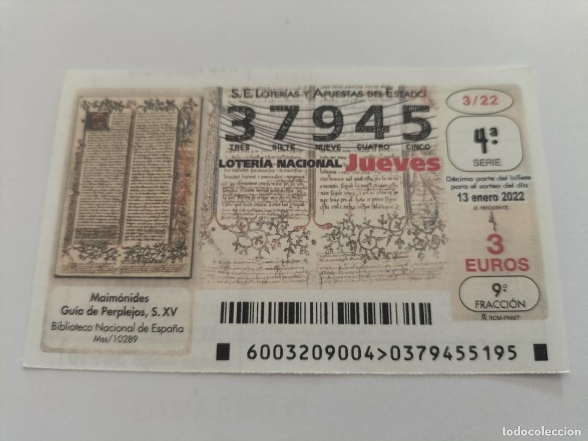 Nationale spanische Lotterie: 1 DECIMO LOTERIA JUEVES 13 ENERO 2022 - 3/22 - MAIMONIDES GUIA DE PERPLEJOS - BIBLIOTECA NACIONAL
