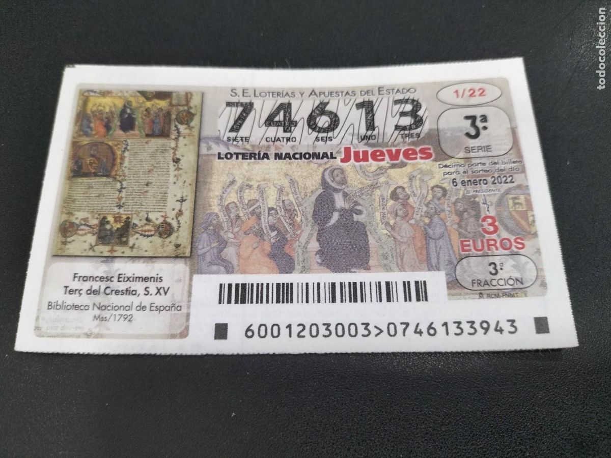 Nationale spanische Lotterie: 1 DECIMO LOTERIA JUEVES 6 ENERO 2022 - 1/22 FRANCESC EIXIMENIS TER&Ccedil; DEL CRESTIA -BIBLIOTECA NACIONAL
