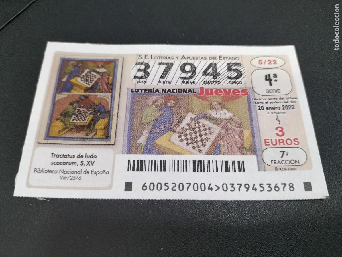 Nationale spanische Lotterie: 1 DECIMO LOTERIA JUEVES 20 ENERO 2022 - 5/22 - TRACTATUS DE LUDO SCACORUM S. XV BIBLIOTECA NACIONAL