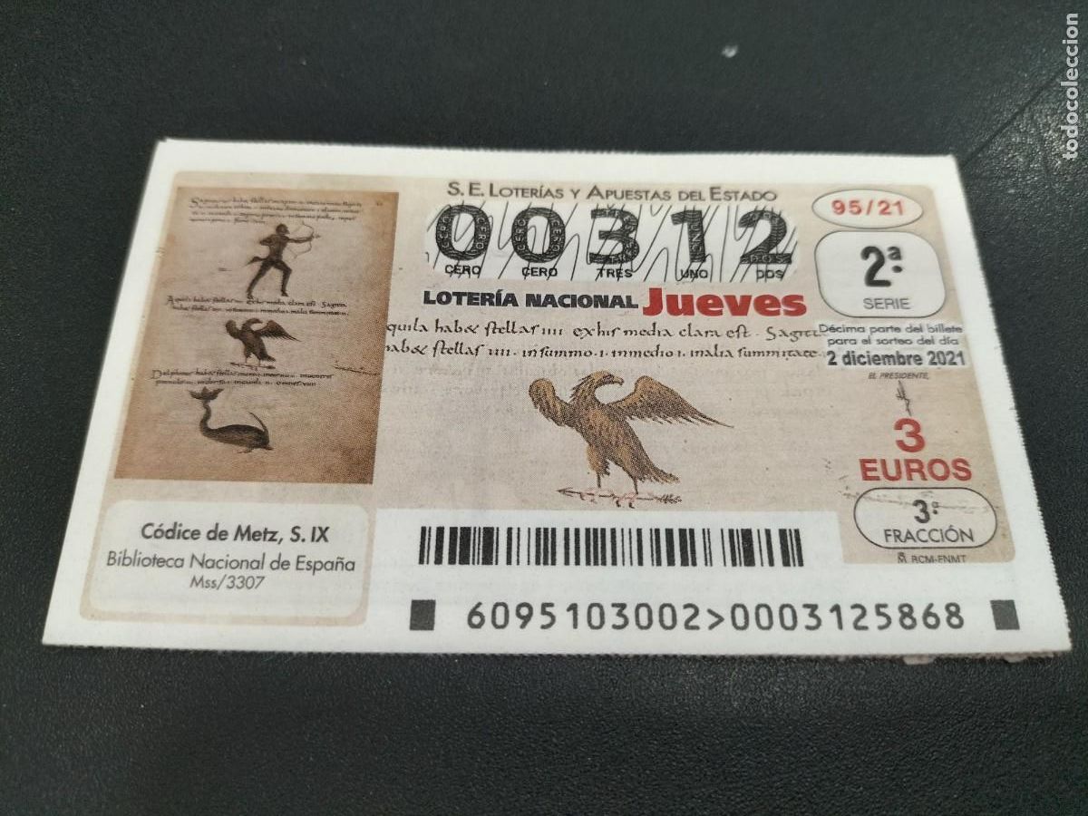 Nationale spanische Lotterie: 1 DECIMO LOTERIA JUEVES 2 DICIEMBRE 2021 - 95/21 - COCIDE DE METZ - BIBLIOTECA NACIONAL