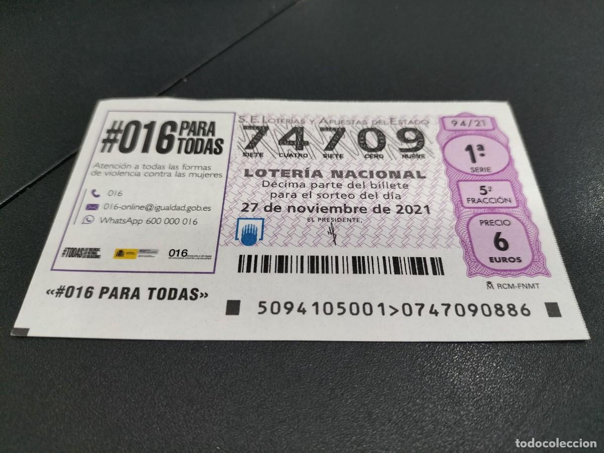 Nationale spanische Lotterie: 1 DECIMO LOTERIA SABADO 27 NOVIEMBRE 2021 - 94/21 - 016 ATENCION CONTRA VIOLENCIA MUJERES