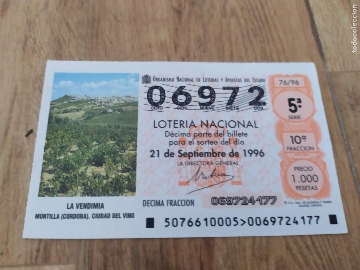Loter&iacute;a Nacional: 1 DECIMO LOTERIA DEL SABADO - 21 SEPTIEMBRE 1996 - 76/96 - MONTILLA ( CORDOBA ) CIUDAD DEL VINO