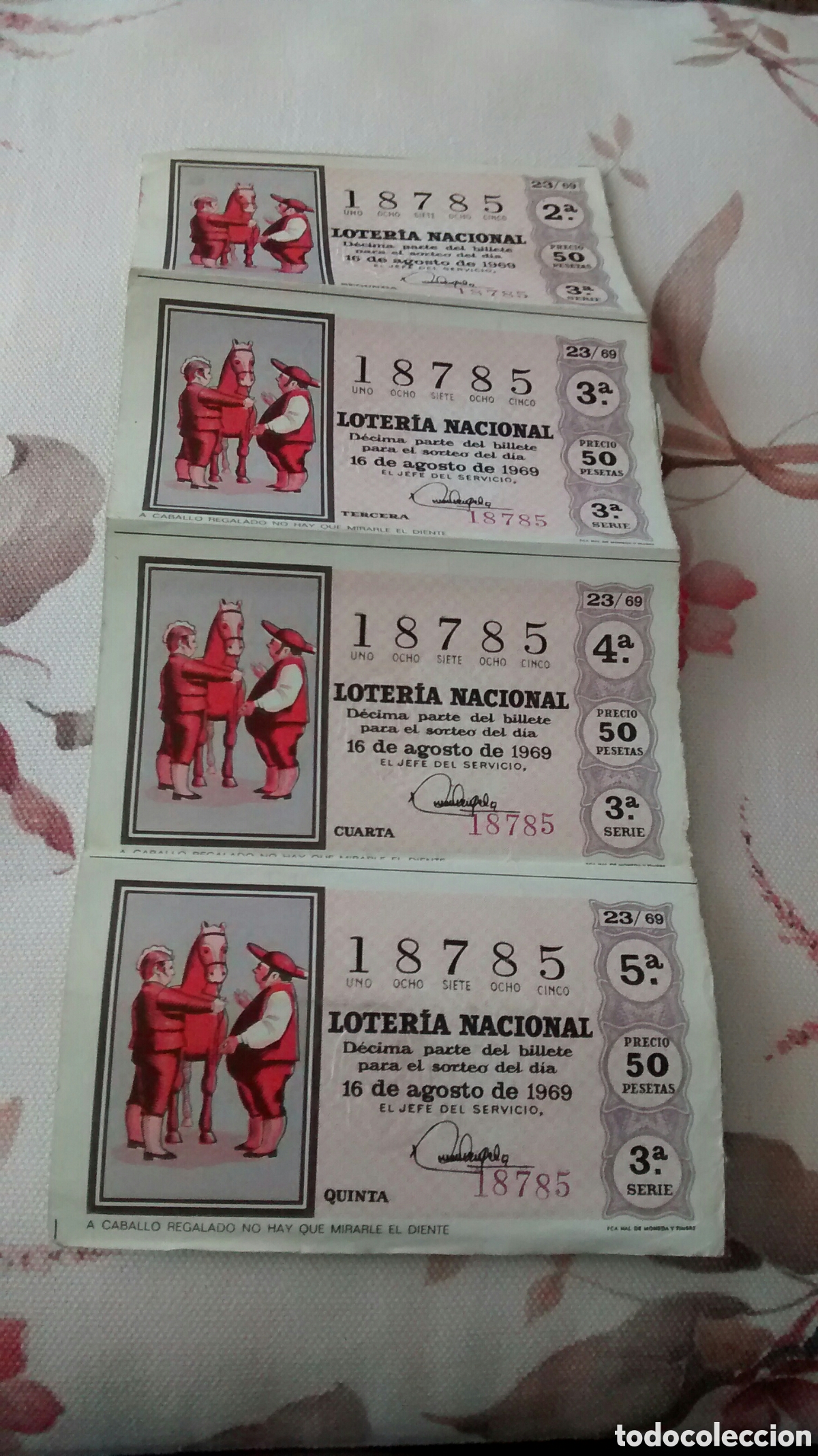 National Spanish Lottery: 4 DECIMOS DE LA LOTERIA NACIONAL. SORTEO 16 AGOSTO 1969. 23/69. CABALLO REGALADO NO HAY QUE MIRARLE