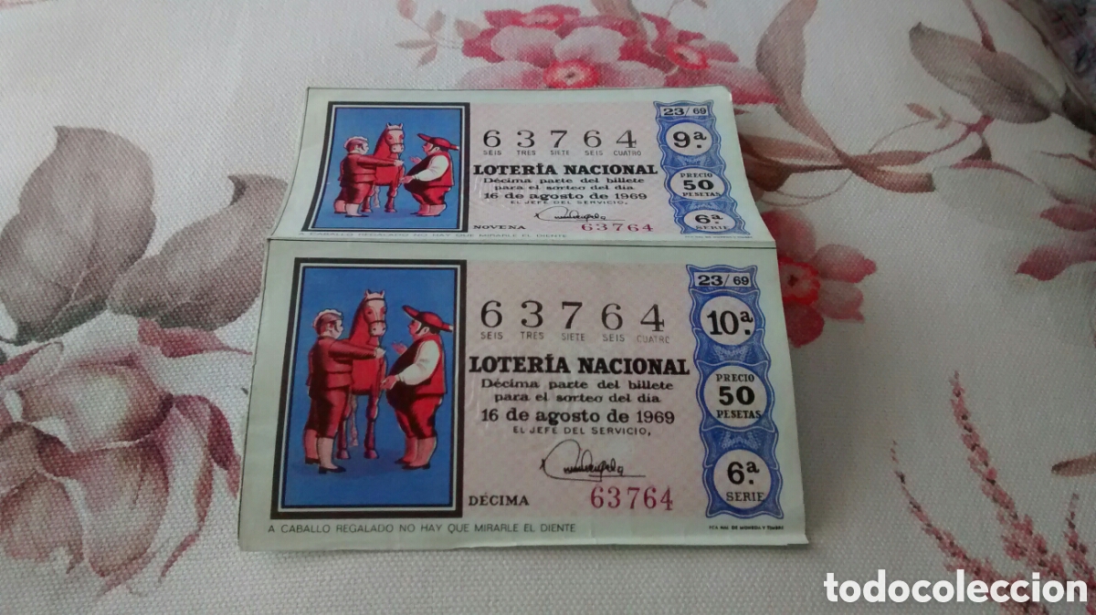National Spanish Lottery: 2 DECIMOS DE LA LOTERIA NACIONAL. SORTEO 16 AGOSTO 1969. 23/69. CABALLO REGALADO NO HAY QUE MIRARLE