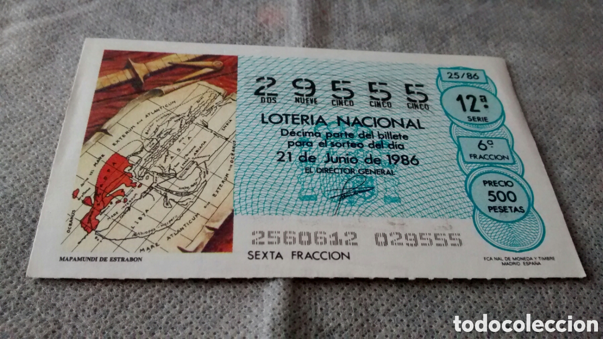 Lotaria Nacional: DECIMO DE LA LOTERIA NACIONAL. SORTEO 21 JUNIO 1986 25/86 MAPAMUNDI DE ESTRABON