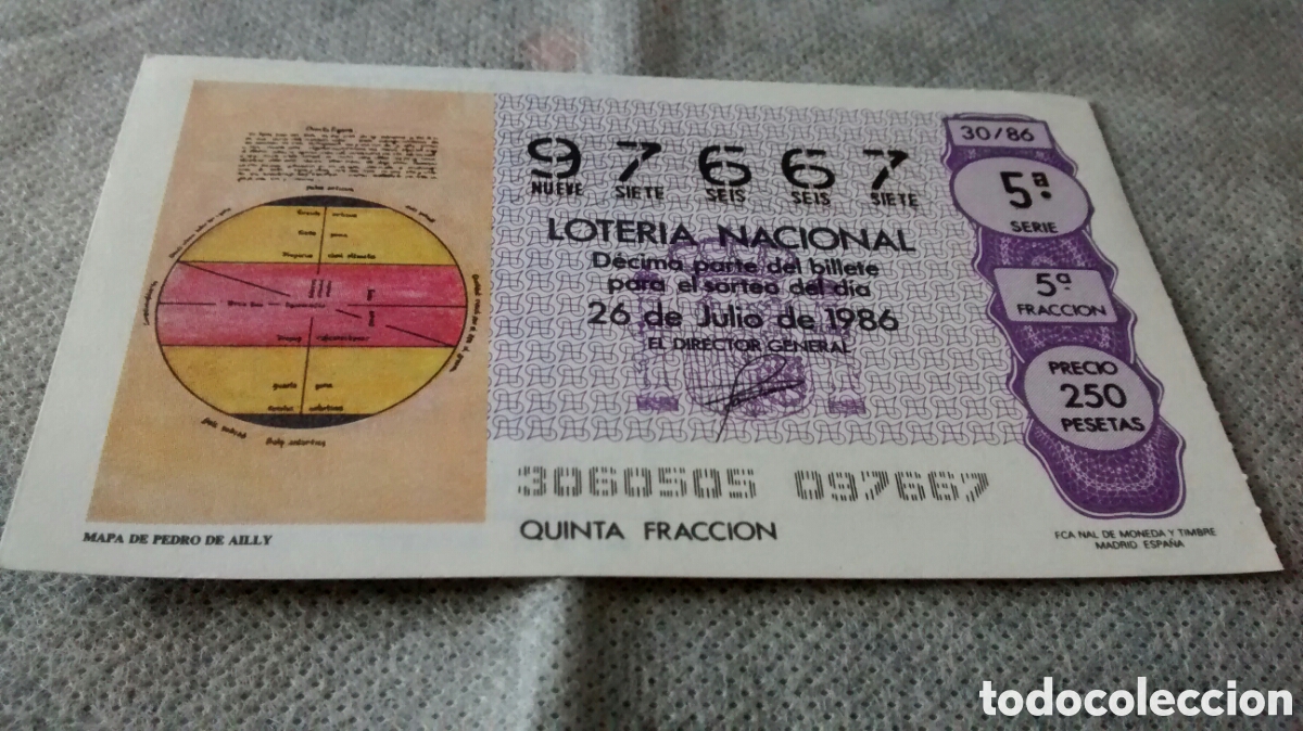 Lotaria Nacional: DECIMO DE LA LOTERIA NACIONAL. SORTEO 26 JULIO 1986 30/86 MAPA DE PEDRO DE ABLY
