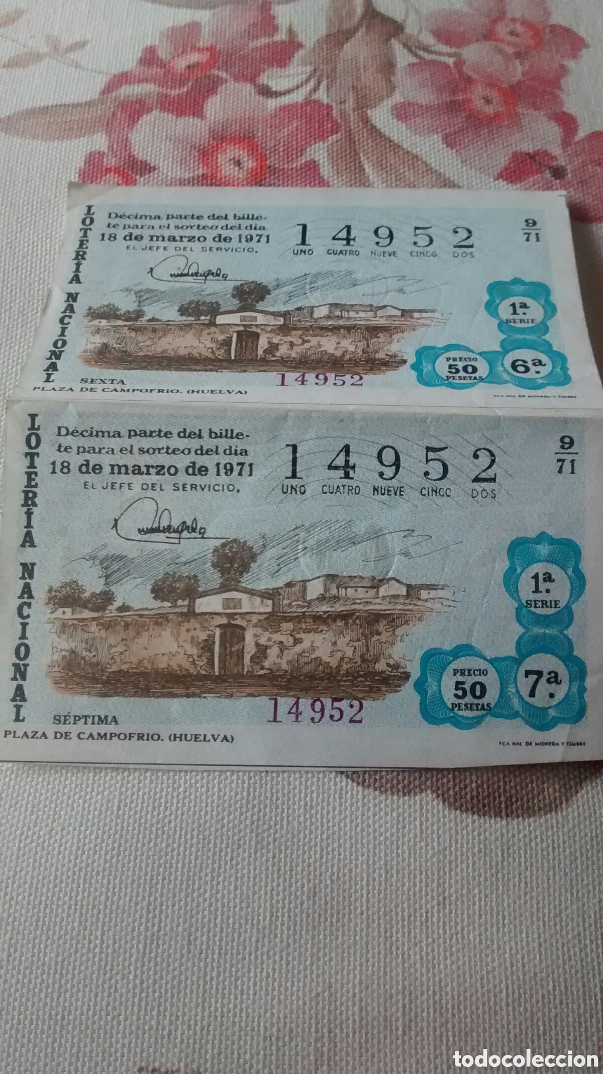 Lotaria Nacional: 2 DECIMOS DE LA LOTERIA NACIONAL. SORTEO 18 DE MARZO 1971 9/71 PLAZA DE CAMPOFRIO HUELVA