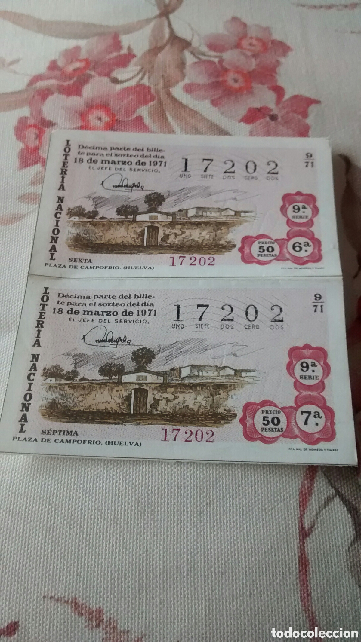 Lotaria Nacional: 2 DECIMOS DE LA LOTERIA NACIONAL. SORTEO 18 DE MARZO 1971 9/71 PLAZA DE CAMPOFRIO HUELVA
