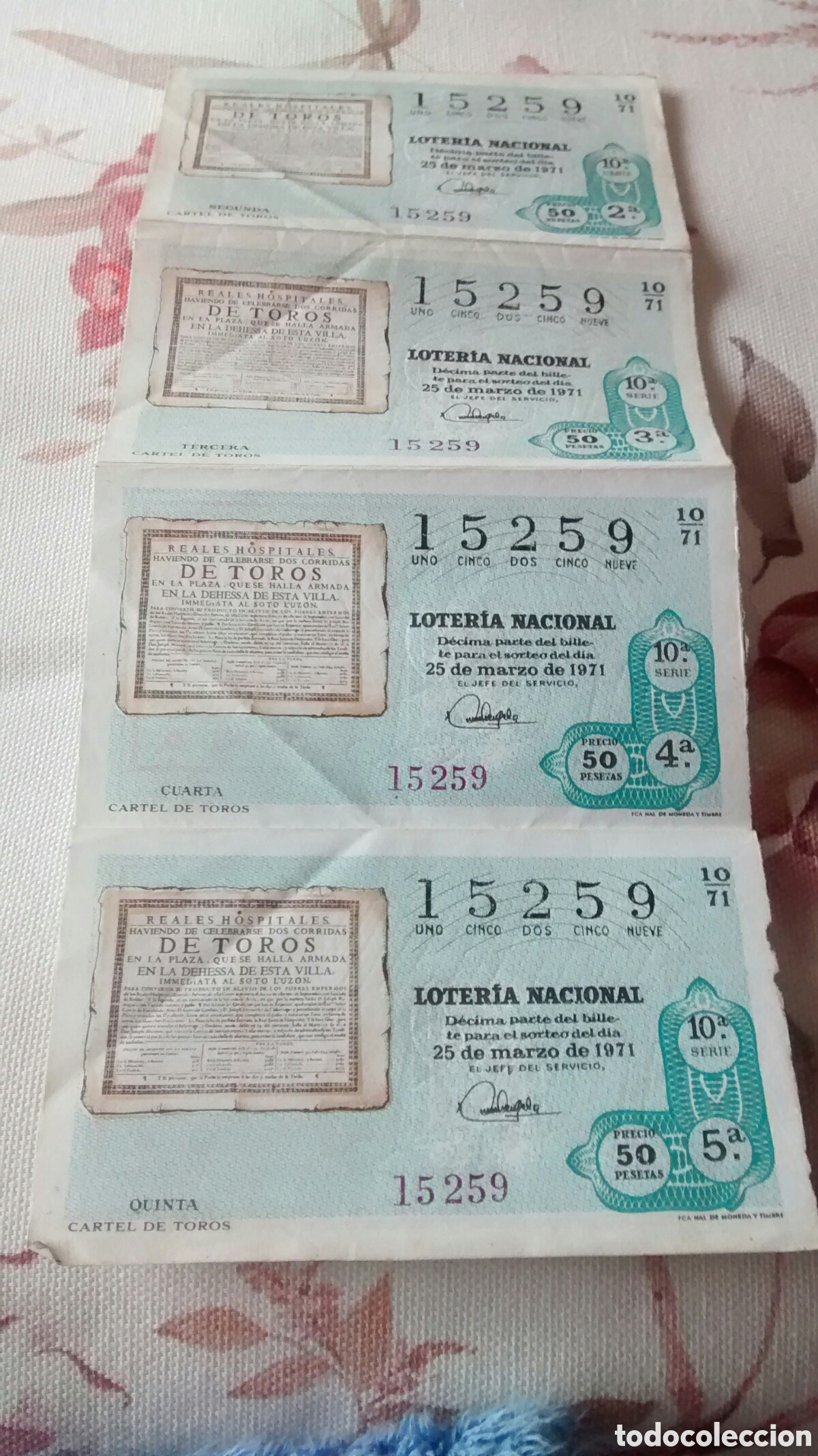 Lotaria Nacional: 4 DECIMOS DE LA LOTERIA NACIONAL. SORTEO 25 MARZO 1971 10/71 CARTEL DE TOROS, LOTERIA ROSAL