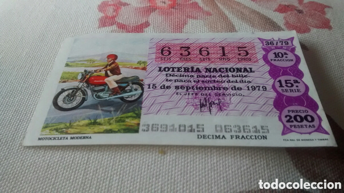Nationale spanische Lotterie: DECIMO DE LA LOTERIA NACIONAL. SORTEO 15 SEPTIEMBRE 1979 36/79 MOTOCICLETA MODERNA