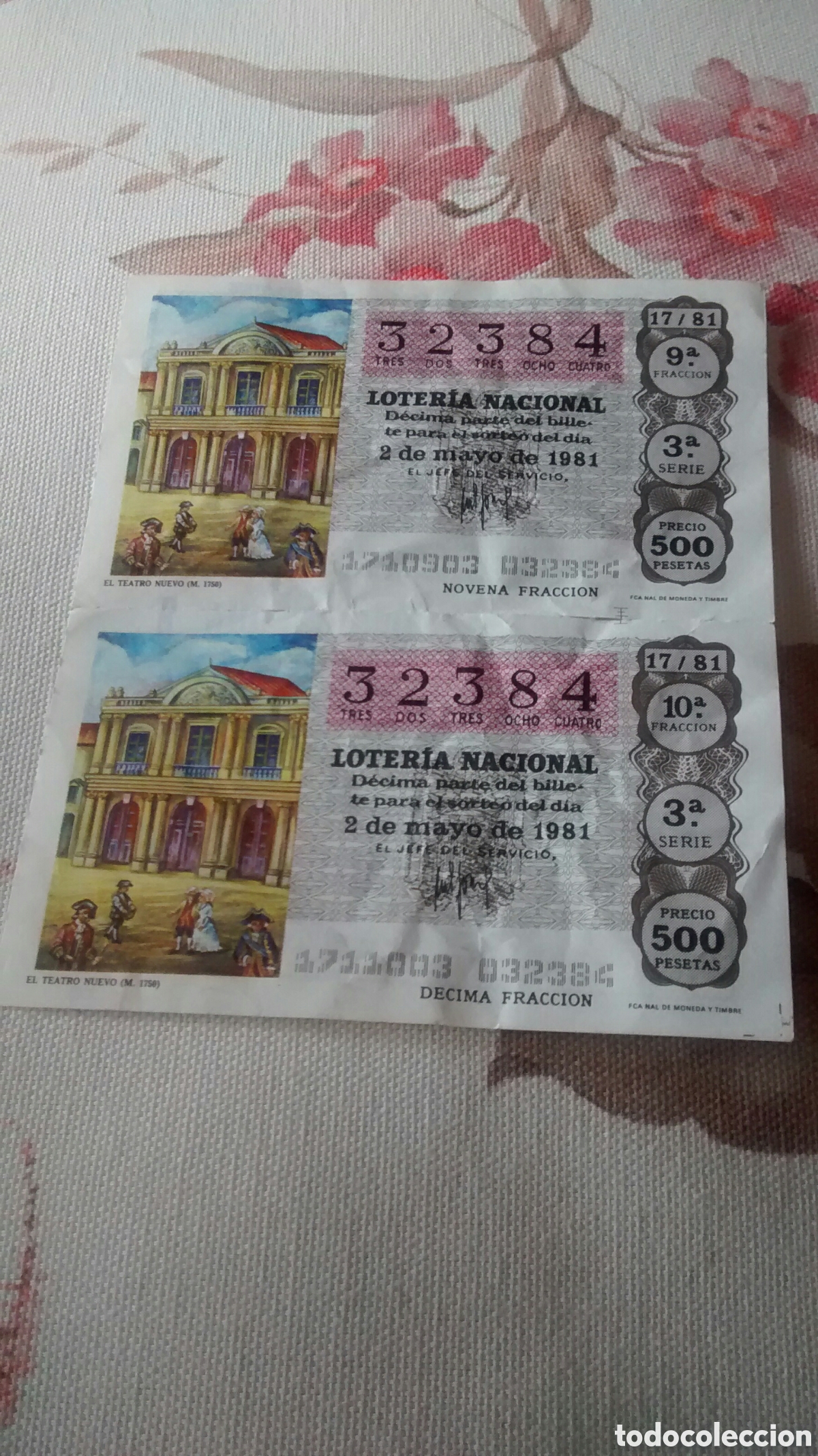 Nationale spanische Lotterie: 2 DECIMOS DE LA LOTERIA NACIONAL. SORTEO 2 MAYO 1981 17/81 EL TEATRO NUEVO 1750