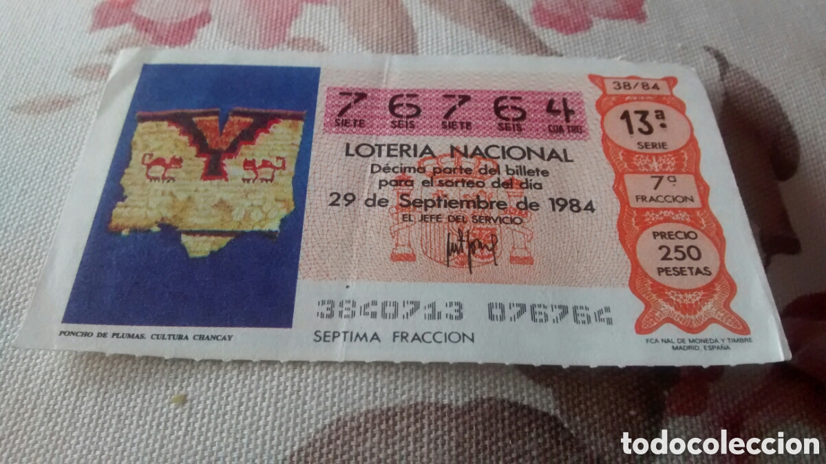 Nationale spanische Lotterie: DECIMO DE LA LOTERIA NACIONAL. SORTEO 29 SEPTIEMBRE 1984 38/84 PONCHO DE PLUMAS. CHANCAY