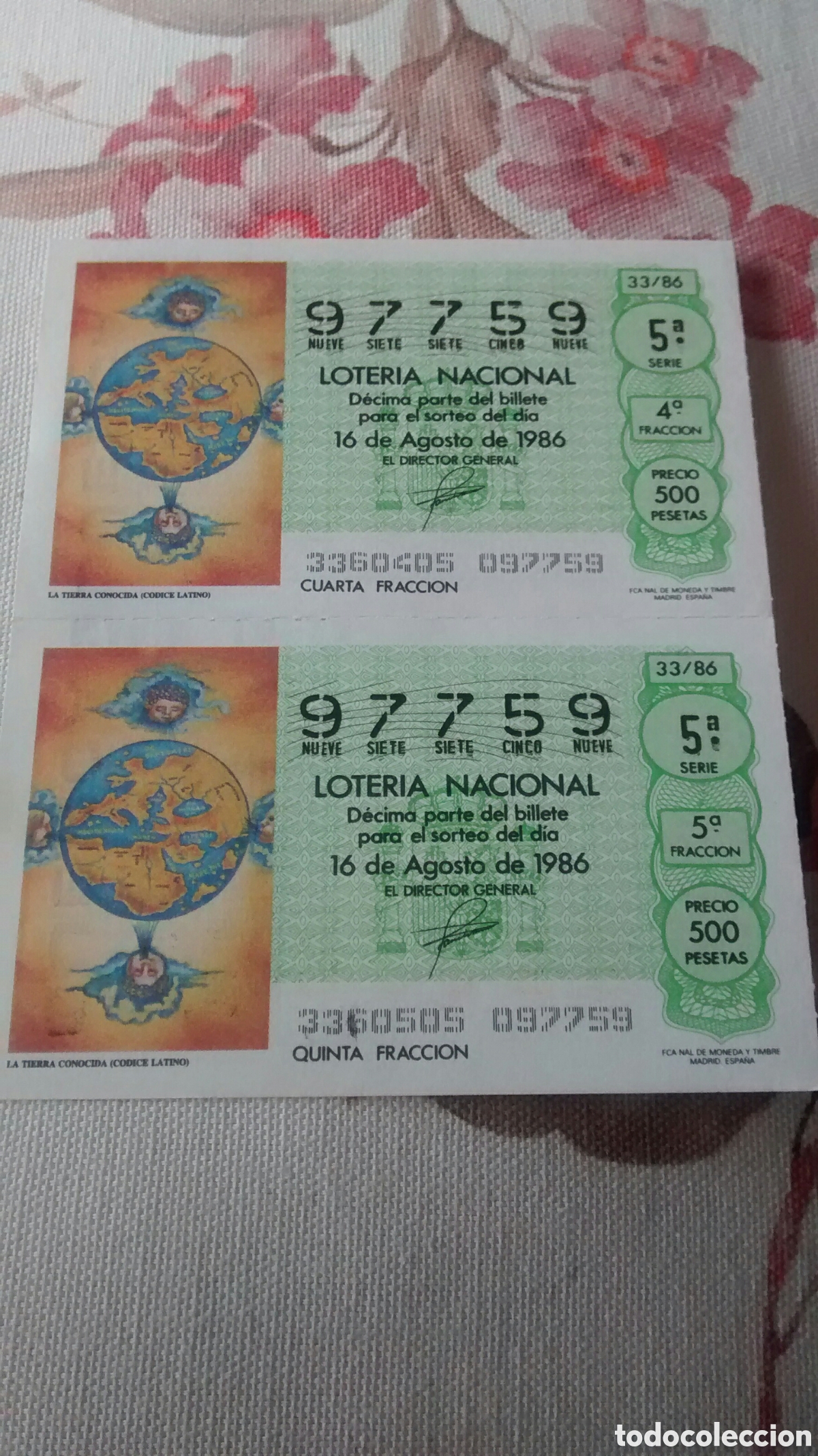 Nationale spanische Lotterie: 2 DECIMOS DE LA LOTERIA NACIONAL. SORTEO 16 AGOSTO 1986 33/86 LA TIERRA CONOCIDA. CODICE LATINO