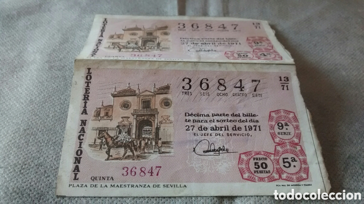 National Spanish Lottery: 2 DECIMOS DE LA LOTERIA NACIONAL. SORTEO 27 ABRIL 1971. 13/71 PLAZA DE LA MAESTRANZA DE SEVILLA