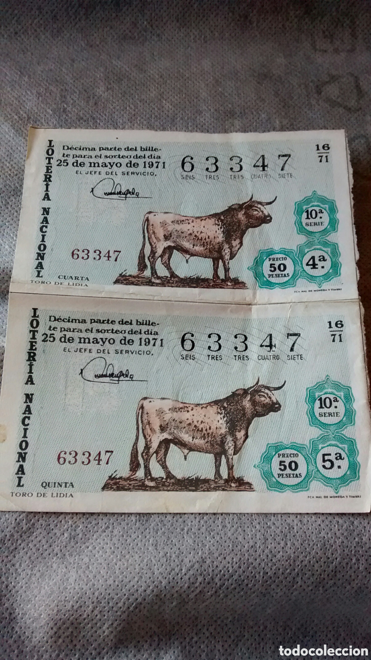 National Spanish Lottery: 2 DECIMOS DE LA LOTERIA NACIONAL. SORTEO 25 DE MAYO DE 1971. 16/71 TORO DE LIDIA