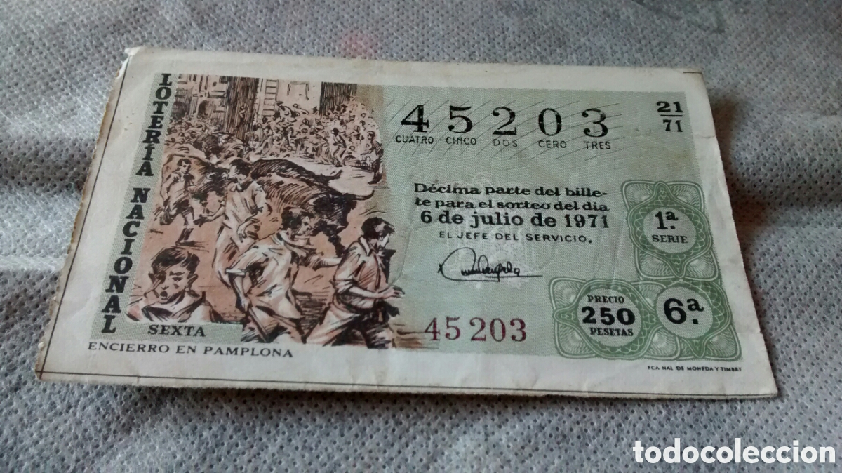 National Spanish Lottery: DECIMO DE LA LOTERIA NACIONAL. SORTEO 6 DE JULIO DE 1971. 21/71 ENCIERRO EN PAMPLONA, LOTERIA BOSCH.
