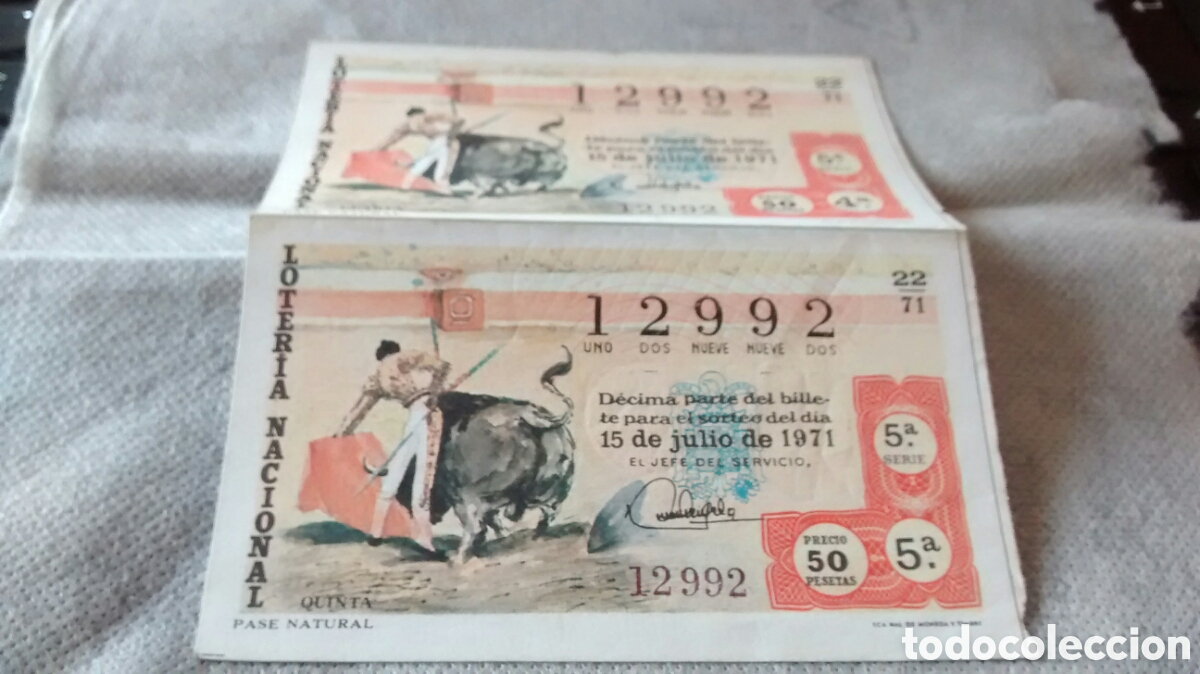 National Spanish Lottery: 2 DECIMOS DE LA LOTERIA NACIONAL. SORTEO 15 JULIO 1971 22/71 PASE NATURAL