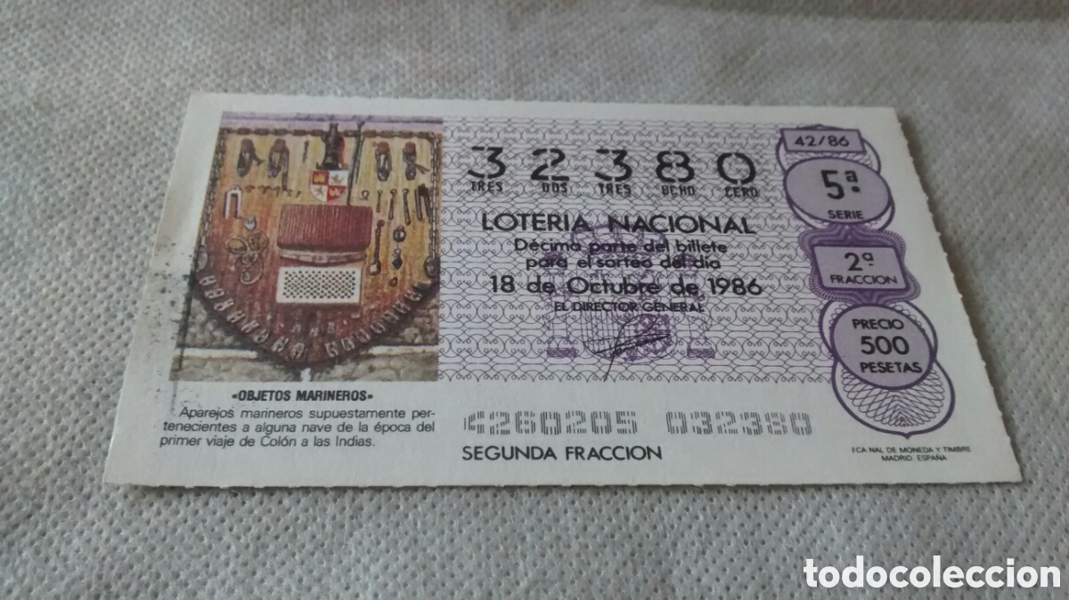 National Spanish Lottery: DECIMO DE LA LOTERIA NACIONAL. SORTEO 18 OCTUBRE 1986 42/86 OBJETOS MARINEROS