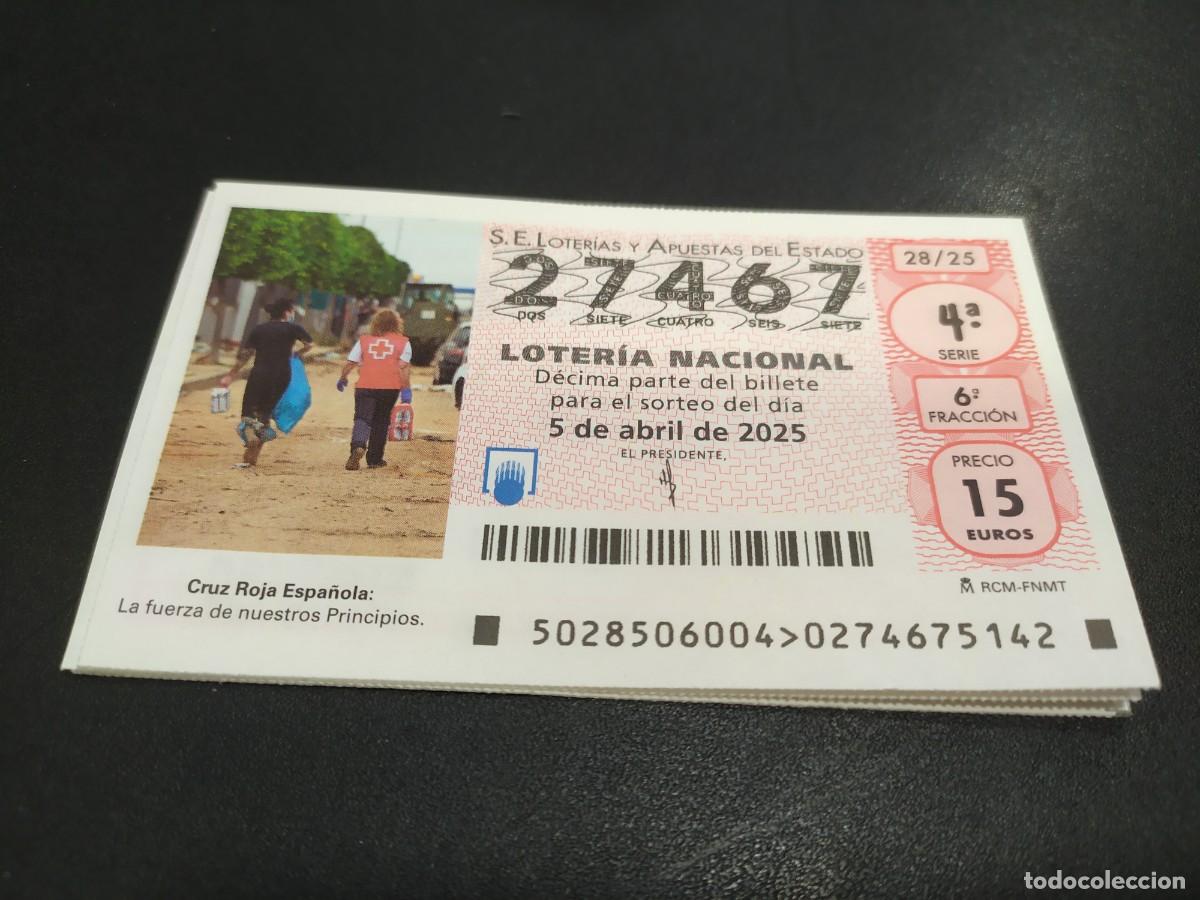 Nationale spanische Lotterie: 1 DECIMO LOTER&Iacute;A SABADO 5 ABRIL 2025 28/25 - CRUZ ROJA ESPA&Ntilde;OLA