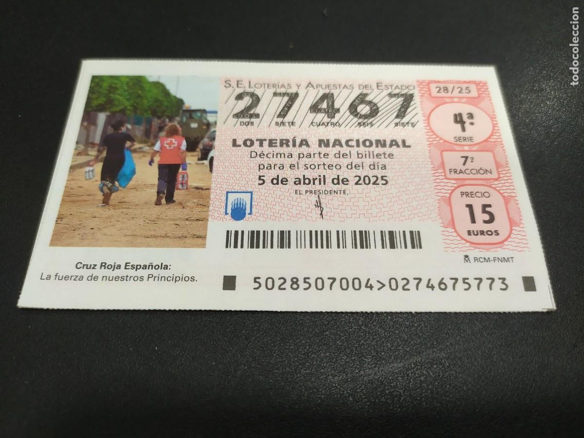 Nationale spanische Lotterie: 1 DECIMO LOTER&Iacute;A SABADO 5 ABRIL 2025 28/25 - CRUZ ROJA ESPA&Ntilde;OLA
