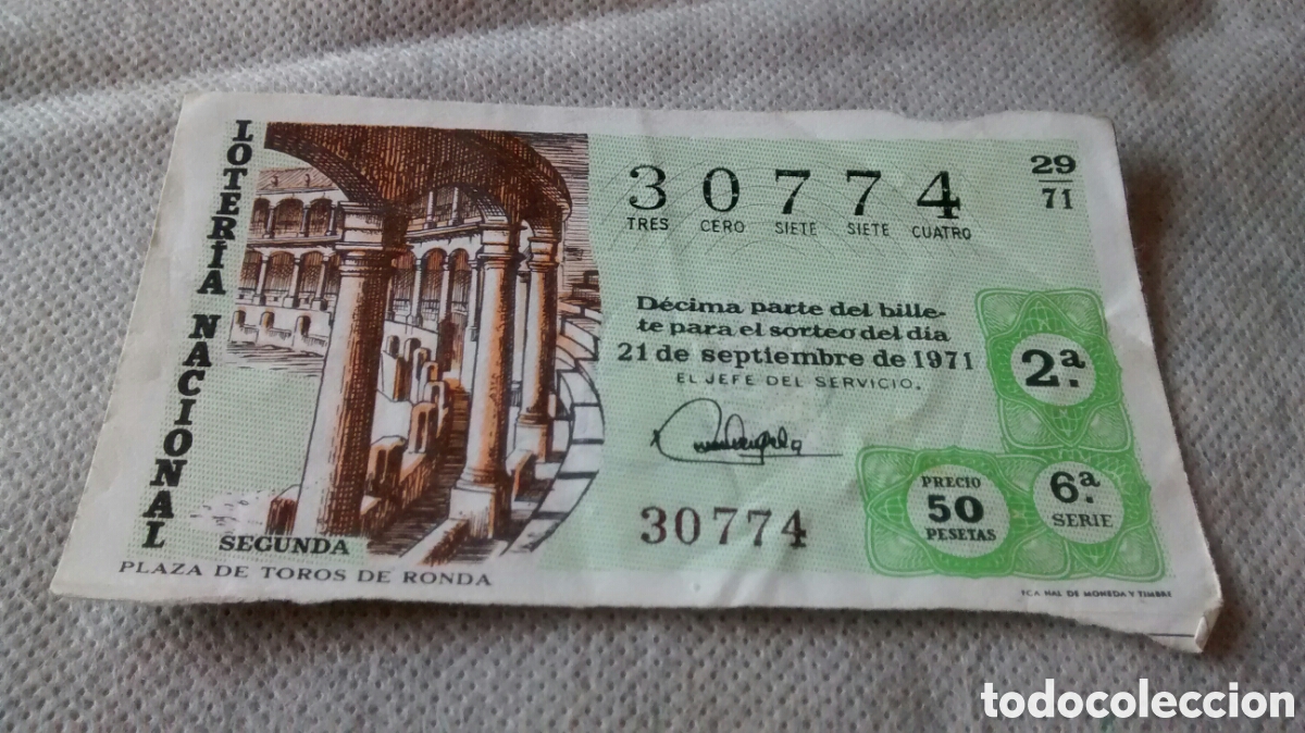 National Spanish Lottery: DECIMO DE LA LOTERIA NACIONAL. SORTEO 21 DE SEPTIEMBRE 1971 29/71 PLAZA DE TOROS DE RONDA