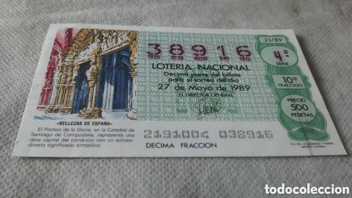 National Spanish Lottery: DECIMO DE LA LOTERIA NACIONAL. SORTEO 27 MAYO 1989 21/89 BELLEZAS DE ESPA&Ntilde;A
