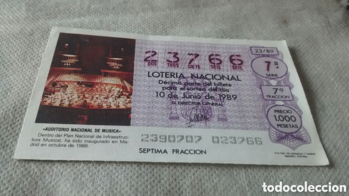 National Spanish Lottery: DECIMO DE LA LOTERIA NACIONAL. SORTEO 10 JUNIO 1989 23/89 AUDITORIO NACIONAL DE MUSICA