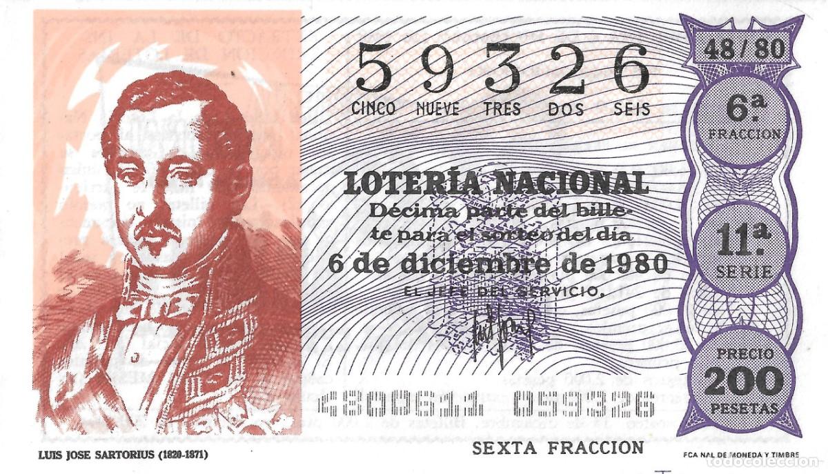 National Spanish Lottery: DECIMO DE LOTERIA NACIONAL 59326 DEL 6 DE DICIEMBRE DE 1980