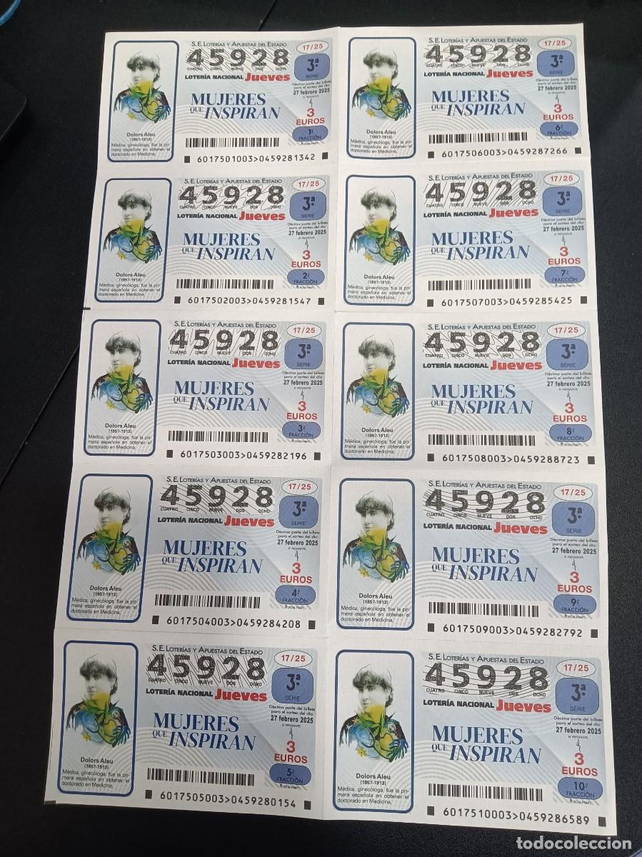 Nationale spanische Lotterie: 1 BILLETE 10 DECIMOS LOTER&Iacute;A JUEVES 27 FEBRERO 2025 17/25 - MUJERES QUE INSPIRAN - DOLORS ALEU