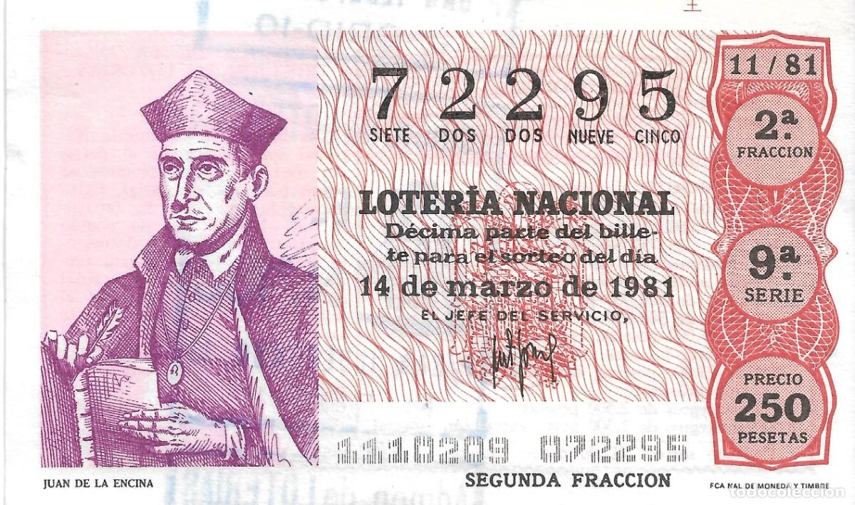 National Spanish Lottery: DECIMO DE LOTERIA NUMERO 72295, DEDICADO A JUAN DE LA ENCINA