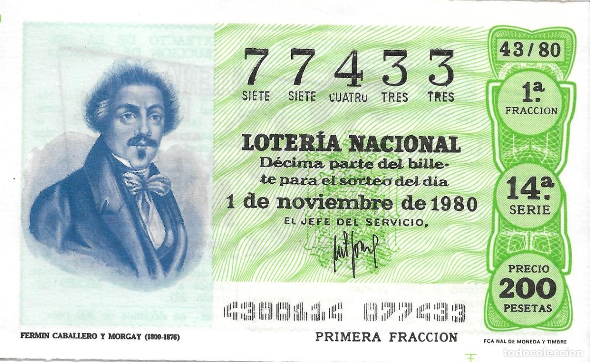 National Spanish Lottery: DECIMO DE LOTERIA NUMERO 77433 DEDICADO A FERMIN CABALLERO Y MORGAY