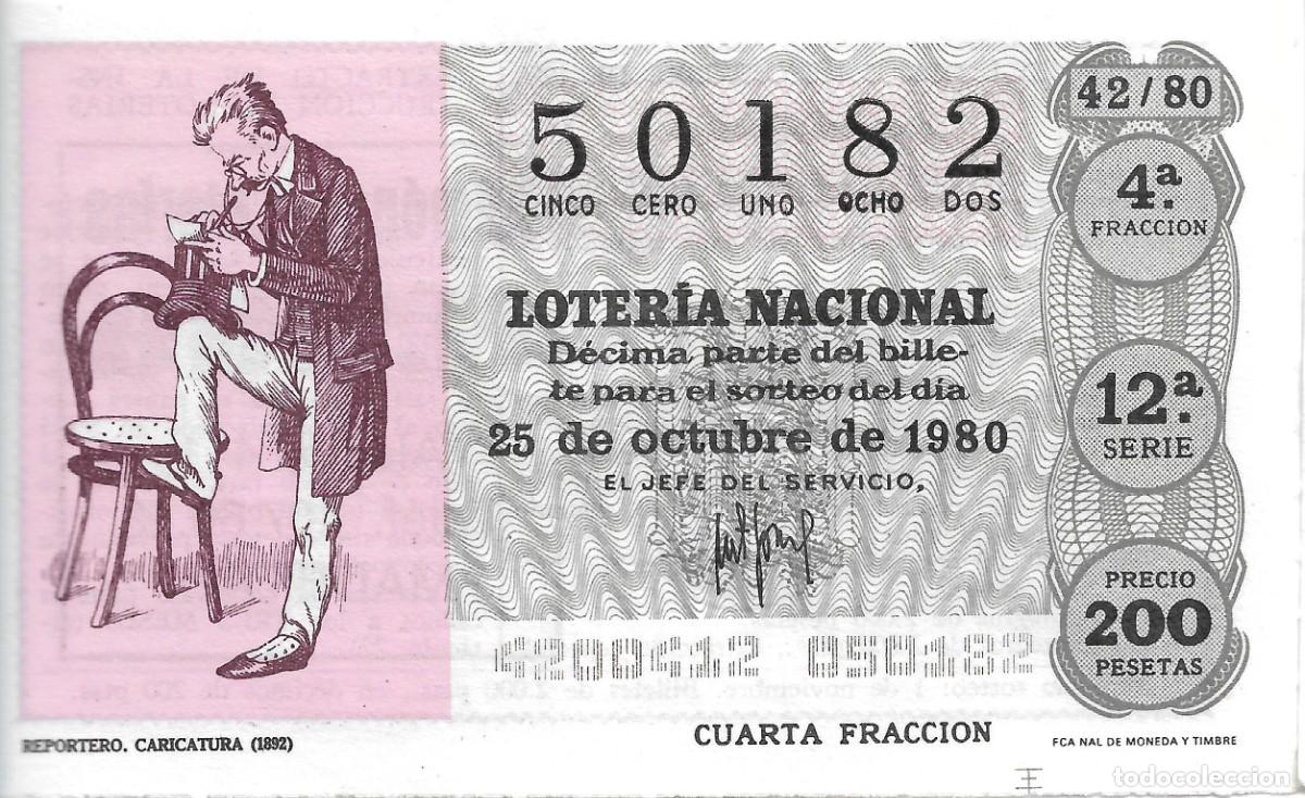 National Spanish Lottery: DECIMO DE LOTERIA NUMERO 50182, DEDICADO AL REPORTERO, CARICATURA DE 1892