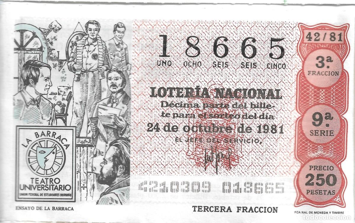 National Spanish Lottery: DECIMO DE LOTERIA NUMERO 18665, DEDICADO AL ENSAYO DE LA BARRACA