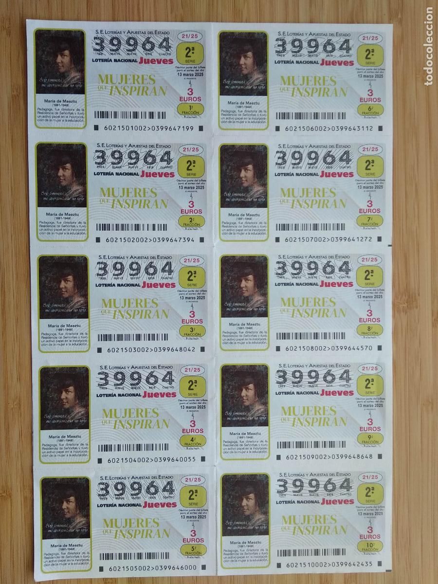 Loterie Nationale: BILLETE COMPLETO LOTERIA NACIONAL DE LOS JUEVES A&Ntilde;O 2025 SORTEO N&ordm; 21 MARIA DE MAEZTU