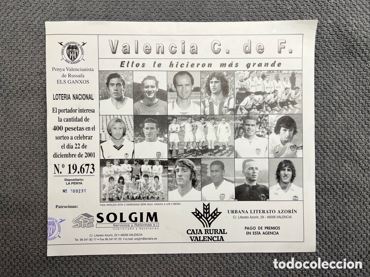 Loterie Nationale: VALENCIA C.F. Penya Valencianista de Russafa ELS GANXOS. Boleto Loter&iacute;a (a.2001)