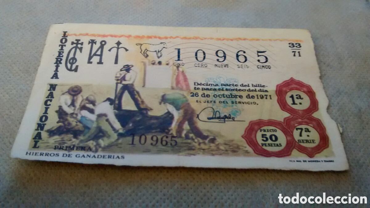 Nationale spanische Lotterie: DECIMO DE LA LOTERIA NACIONAL. SORTEO 26 OCTUBRE 1971. 33/71 HIERROS DE GANADERIAS