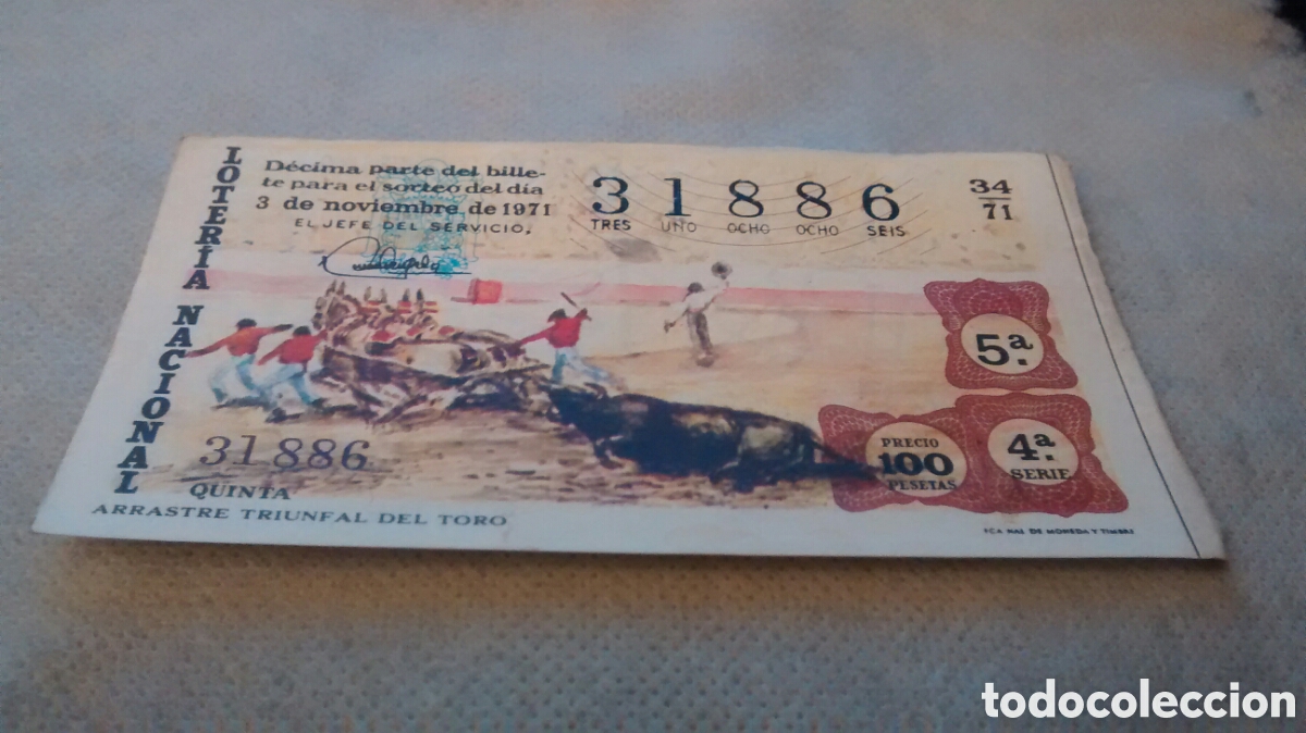 Nationale spanische Lotterie: DECIMO DE LA LOTERIA NACIONAL. SORTEO 3 DE NOVIEMBRE 1971 34/71 ARRASTRE TRIUNFAL DEL TORO