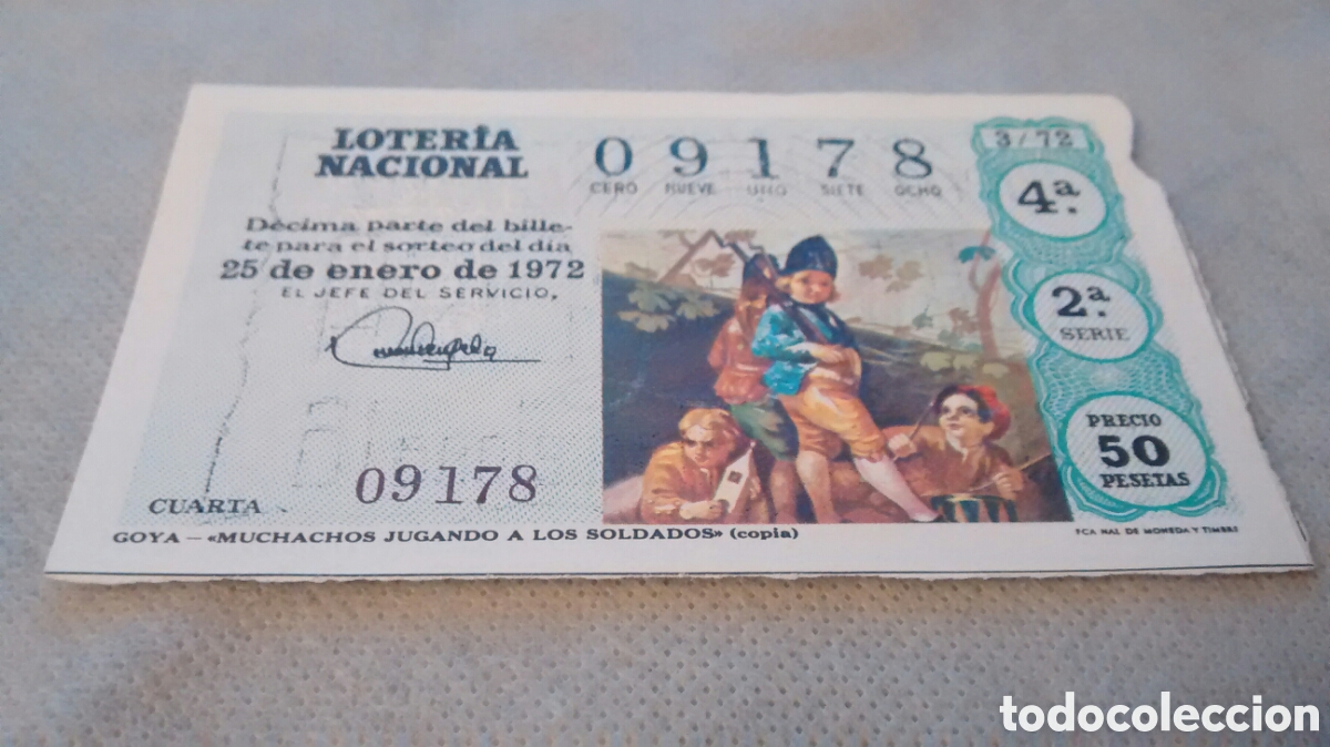 Lotaria Nacional: DECIMO DE LA LOTERIA NACIONAL. SORTEO 25 ENERO 1972 3/72 GOYA MUCHACHOS JUGANDO A LOS SOLDADOS
