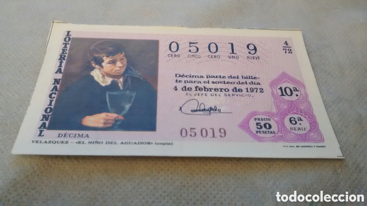 Loter&iacute;a Nacional: DECIMO DE LA LOTERIA NACIONAL. SORTEO 4 FEBRERO 1972. 4/72 VELAZQUEZ. EL NI&Ntilde;O DEL AGUADOR
