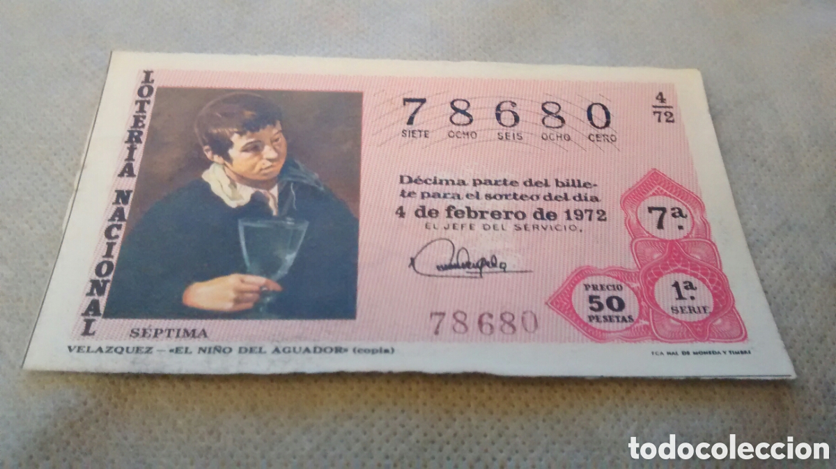 Loter&iacute;a Nacional: DECIMO DE LA LOTERIA NACIONAL. SORTEO 4 FEBRERO 1972. 4/72 VELAZQUEZ. EL NI&Ntilde;O DEL AGUADOR