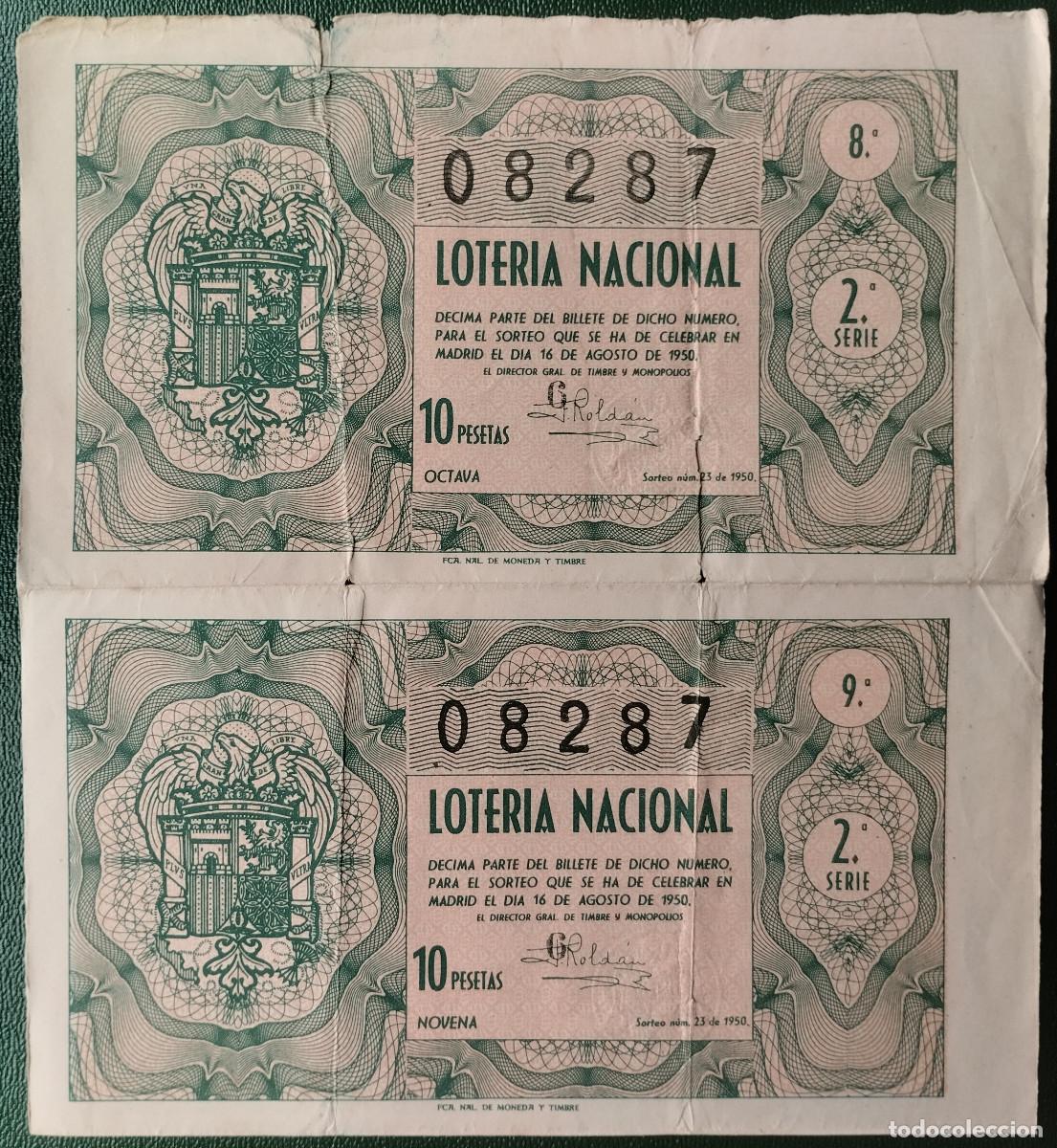 National Spanish Lottery: Loter&iacute;a Nacional. D&eacute;cimos del sorteo 23 de 1950 en pareja vertical.